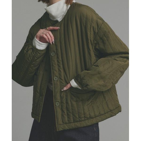 ジャケット ノーカラージャケット ストライプ キルティング ノーカラーブルゾン レディース