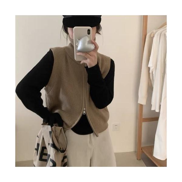 ニット セーター 立ち襟デザイン  ジップニットベスト レディース