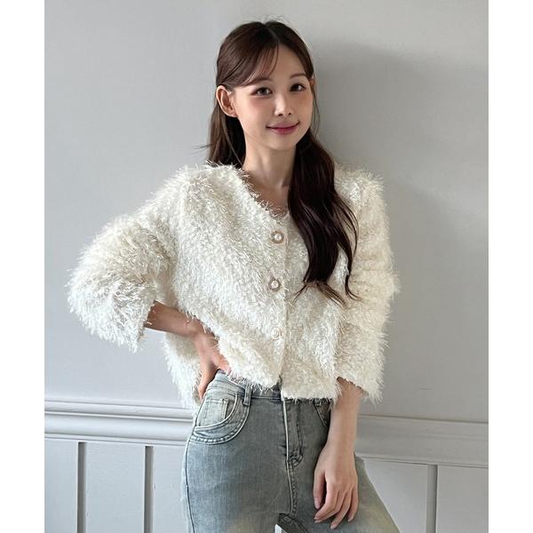 カーディガン 「着用動画あり・5色展開」シャイニーファークロップカーディガン レディース