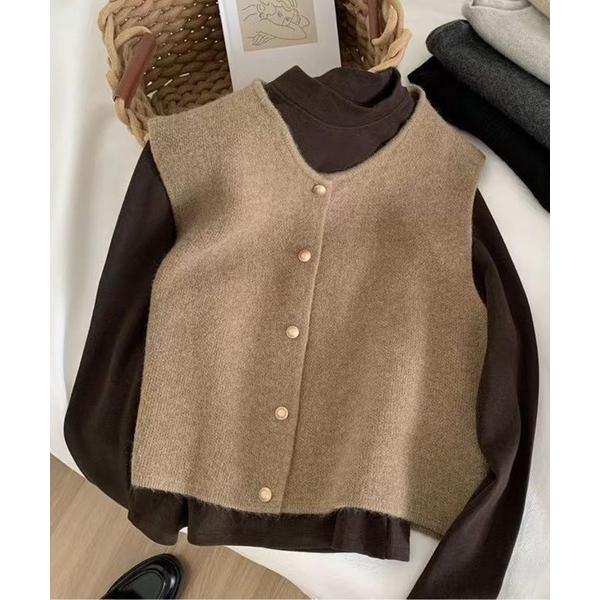 ベスト ジレ フロントボタンラウンドネックニットベスト レディース