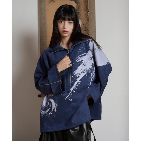 トレーナー スウェット フェイクスウェードプリントハーフジップ メンズ レディース