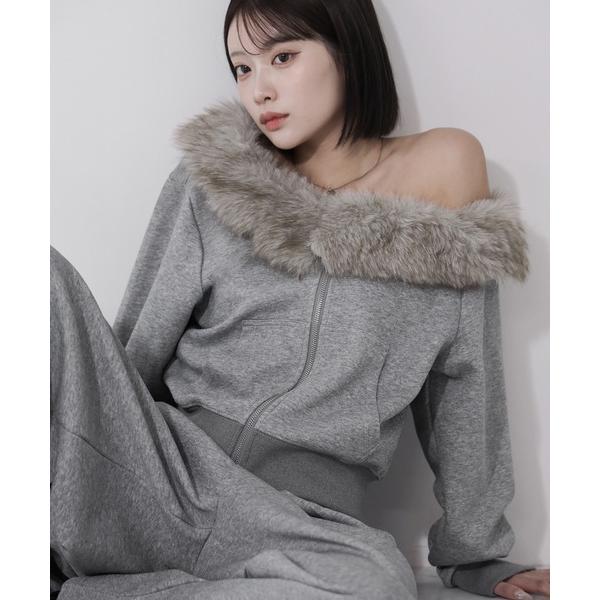 セットアップ 「 セットアップ 」ファーダブルジップワンショルスウェット＆タックワイドスウェットパン...