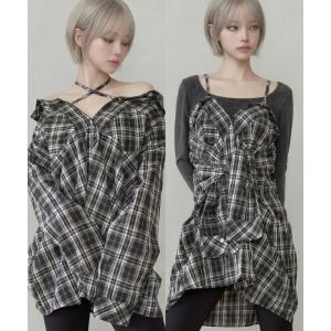 ブラウス シャツ オフショルマルチチェックシャツ レディース