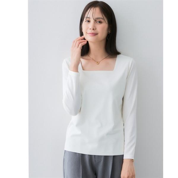 tシャツ 入学式 透け対策シルケット加工ダブルフロントスクエアネック長袖トップス「大きいサイズ有」 ...