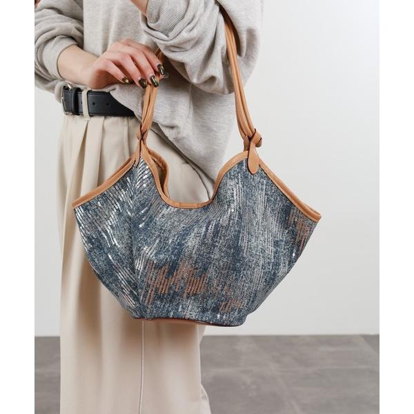 トートバッグ Crossi ヴィーガンレザーパイピング配色スパンコール＆デニムトートバッグ レディー...