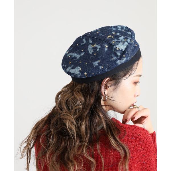 帽子 ベレー帽 Crossi ムーン スター プリント デニムベレー帽 レディース