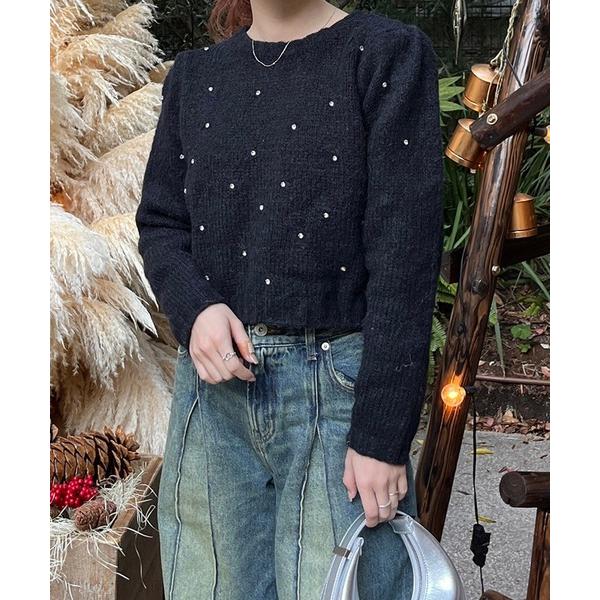 ニット セーター ウールMIXビジューニット レディース