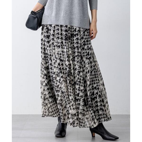 スカート 「洗える」ハウンドトゥースアートプリント ギャザー スカート