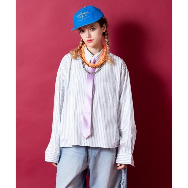 シャツ a.p.o.v. オーバーサイズクロップド丈ポリ生地ストライプシャツ メンズ レディース