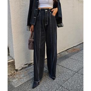 ジーンズ デニム デニムパンツ パネルラインワイドデニム レディース