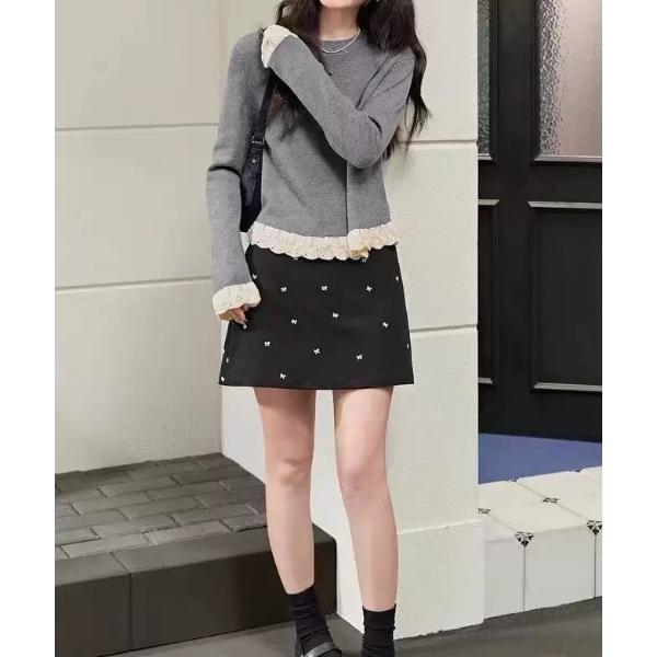 ニット セーター 裾フリルクルーネックニット レディース