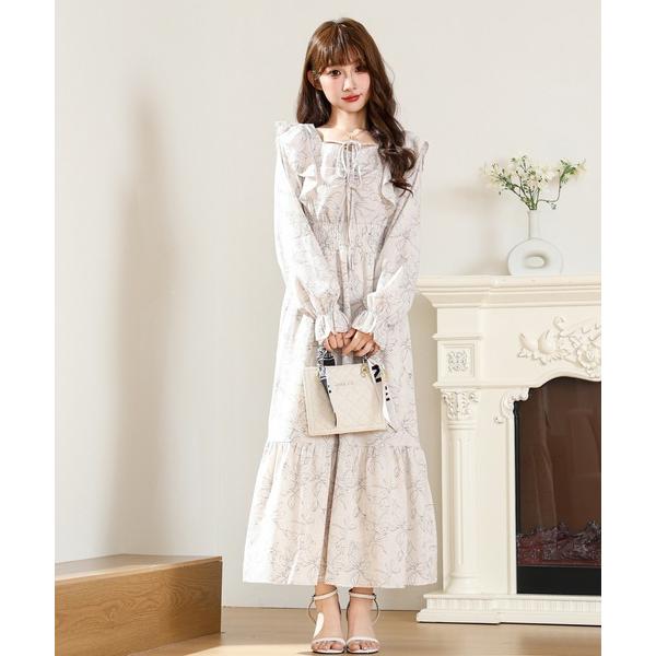 ワンピース ボタニカル柄 フリル リボン ティアード ロング ワンピース