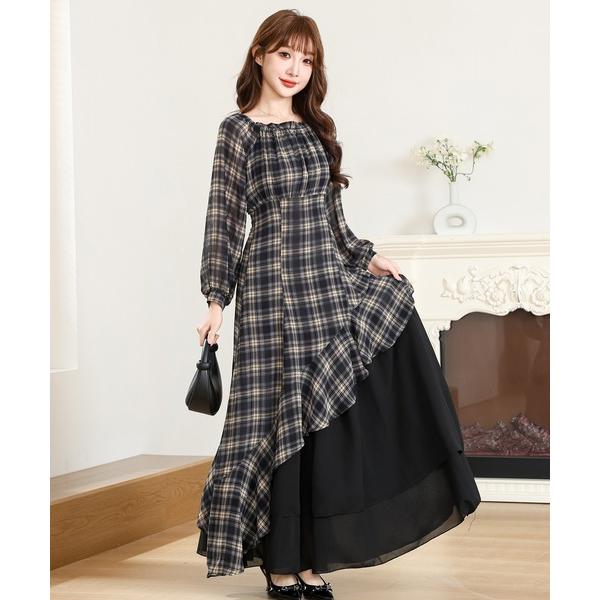 ワンピース チェック柄 アシンメトリー 配色 ティアード ワンピース
