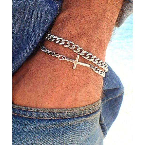 ブレスレット シルバー二連チェーンクロスブレスレット/メンズ(T3) メンズ