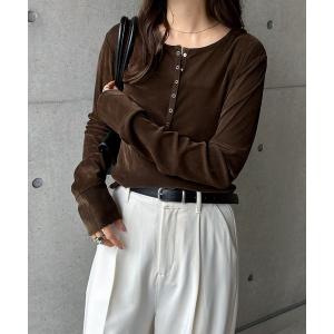 tシャツ ベロアチュールヘンリーネック長袖トップス レディース
