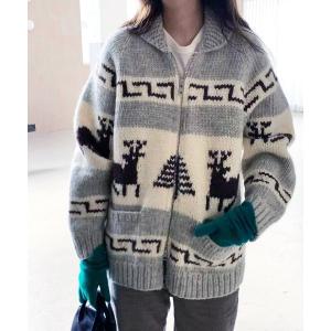 カーディガン ノルディック柄ジャガードジップカーディガン /トナカイモチーフ ジャガード 韓国 秋冬(CZ) レディース