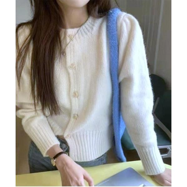 カーディガン ハートモチーフゴールドボタンショート丈ルーズニットカーディガン レディース