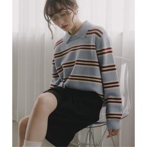 ニット セーター ポロ襟 ボーダー ラムタッチ ニット レディース