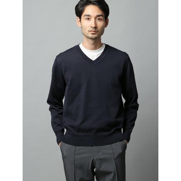 セーター ニット Vネックニット 長袖 ウォッシャブル オーガニックコットンブレンド天竺 無地 メン...