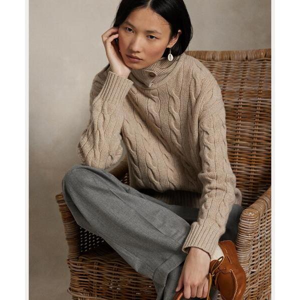 ニット セーター ケーブル ウールカシミヤ ポロカラー セーター レディース