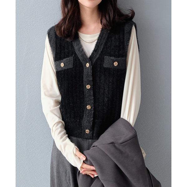 ベスト ジレ ゴールド釦ボクシーニットベスト レディース