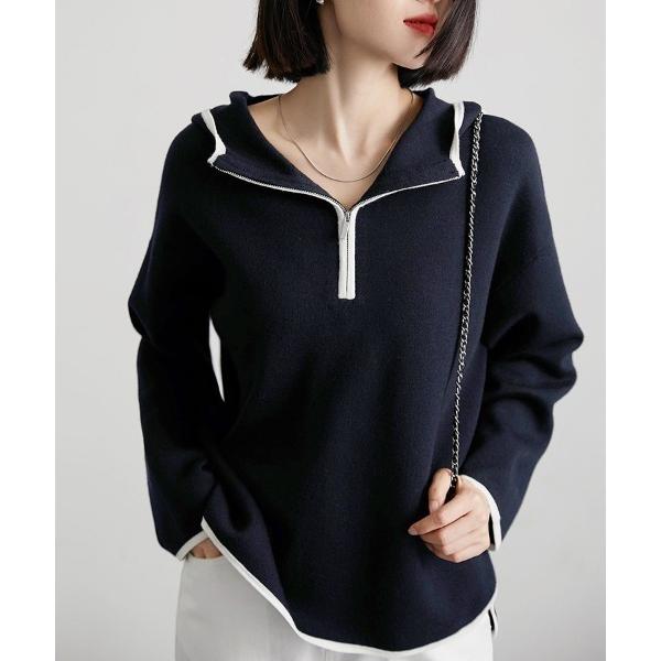 パーカー 配色パイピングジップアップパーカー レディース