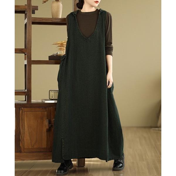 ジャンパースカート フード付き深Vネックデニム風ジャンパースカート