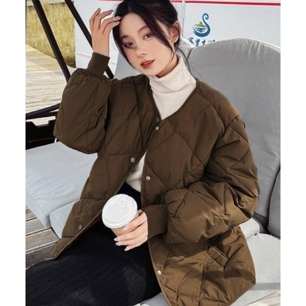 ダウンコート ダウンジャケット ノーカラーミドル丈キルティングジャケット レディース