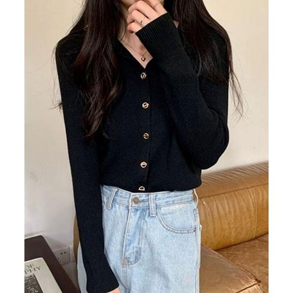 ニット セーター 襟付きマンテルボタンリブニットカーディガン レディース