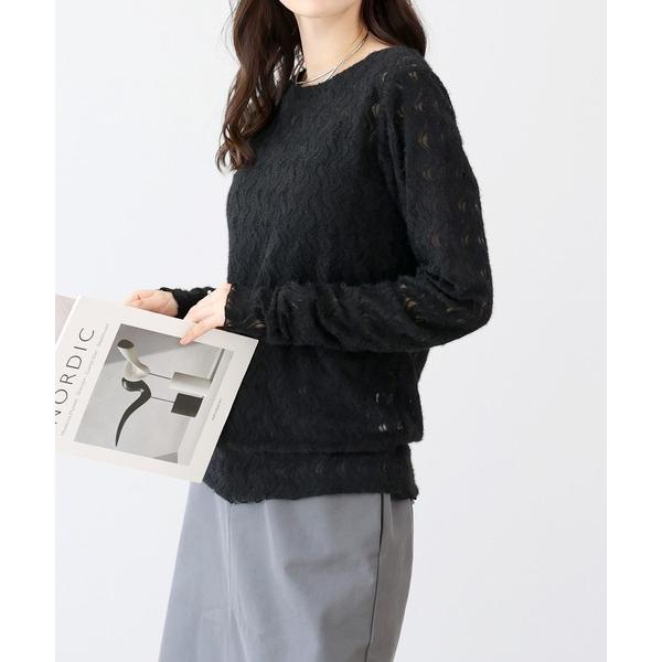 tシャツ 起毛レースクルーネックプルオーバー レディース