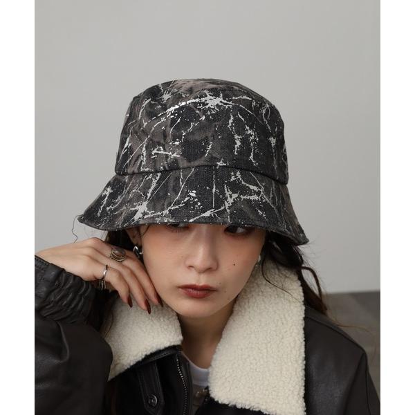 帽子 ハット Crossi 箔マーブルプリントデニムバケットハット レディース