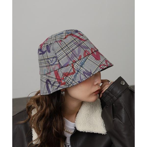 帽子 ハット Crossi 落書き入りチェックプリントバケットハット レディース