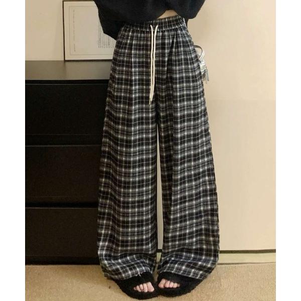 パンツ リラックス感漂うチェック柄ワイドパンツ レディース