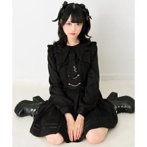 ワンピース コウモリ襟チェーンボタンフリルプリーツワンピース