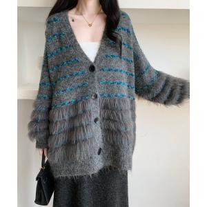 カーディガン オーバーサイズファードッキングボーダーカーディガン レディース