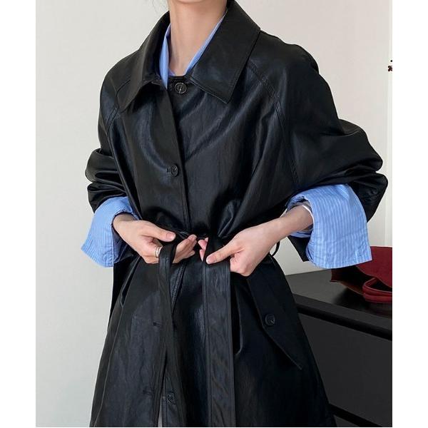 ステンカラーコート コート 「25年秋冬新作」ベルト付き フェイクレザーシャツジャケット　ステンカラ...