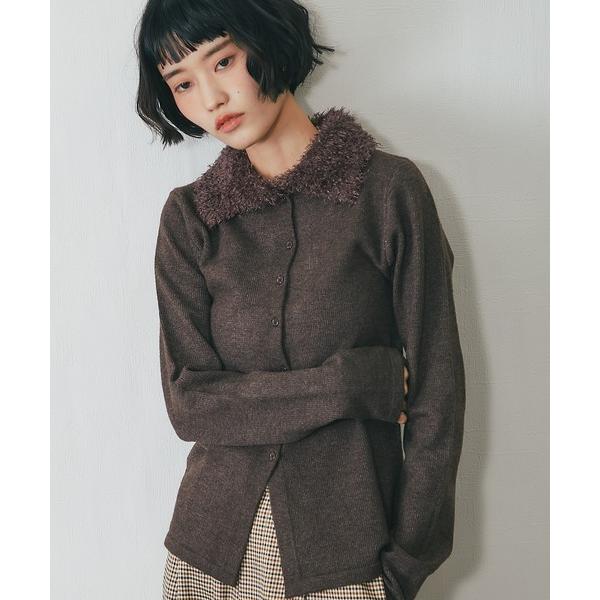 カーディガン ウールライクファー付き襟ニットカーディガン レディース