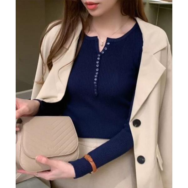 tシャツ リブヘンリーネックスリムフィットロンT レディース