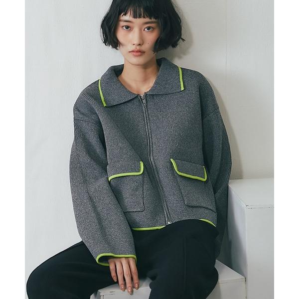 カーディガン 配色襟付きショートニットブルゾン レディース