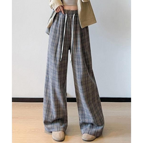 パンツ チェックワイドルーズパンツ レディース