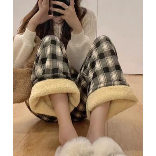 ワイドパンツ パンツ 裏ボア アソートチェックパンツ ルームウェア もこもこパンツ レディース