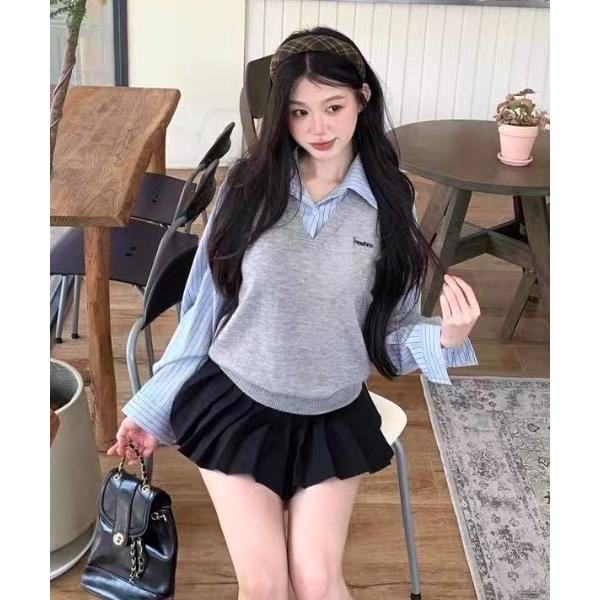 ニット セーター 前ししゅうロゴ/シャツレイヤード風ニットトップス レディース