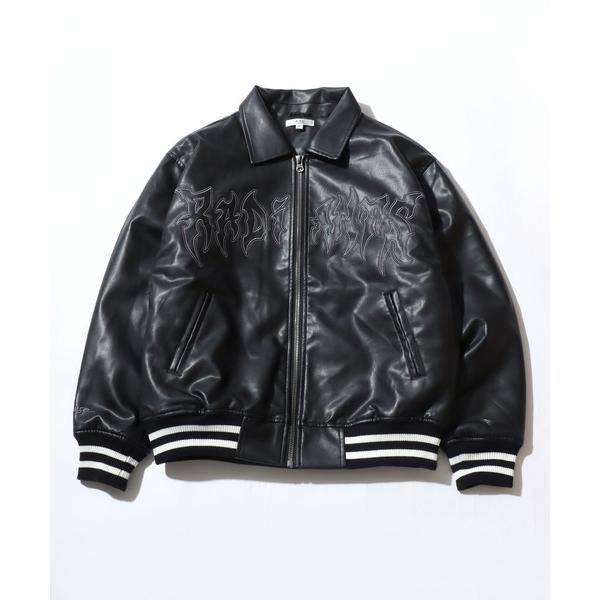 スタジャン グランジテイストなトライバルロゴ刺繍 フェイクレザーブルゾンジャケット メンズ レディー...