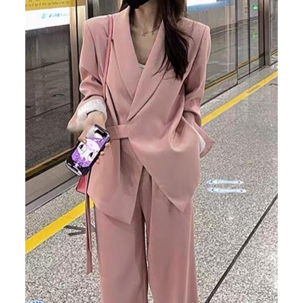 セットアップ ウエストベルト付きスーツセット レディース