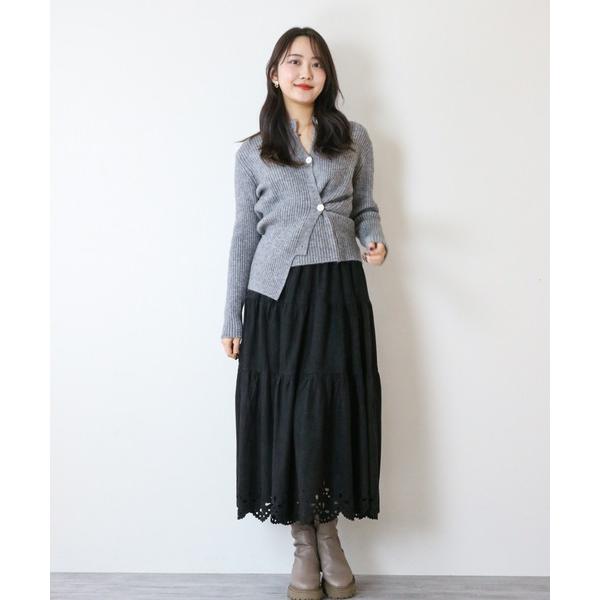 スカート パンチングレース スエード調ティアードスカート