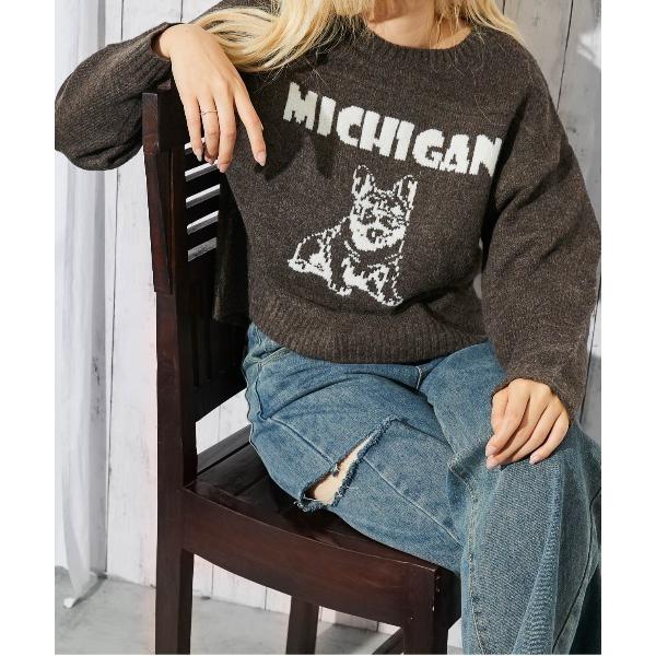 ニット セーター 「ブルドッグ柄×カレッジロゴ」レディース ニット 静電気防止 マシンウォッシャブル...