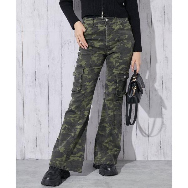パンツ 「カモフラ×カーゴ」レディース ストレッチフレアパンツ ミリタリー柄 秋冬春 レディース
