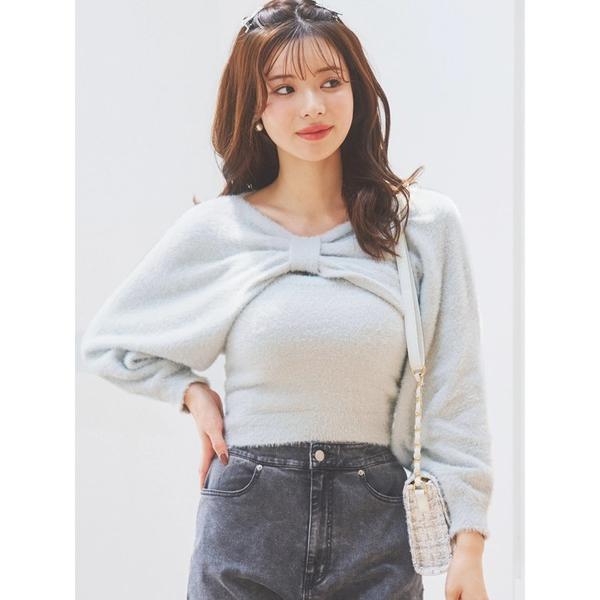 ニット セーター 「SET」リボンフェザーニットトップス×キャミソール レディース