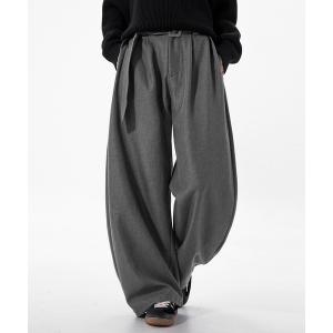 スラックス SABRINA ダブルフェイスツイード ベルテッド タック バレル ワイド スラックス メンズ レディース