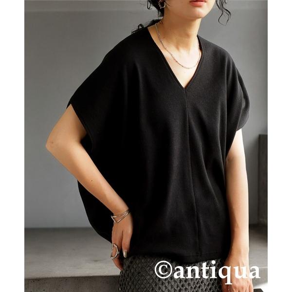 「antiqua」 半袖カットソー V ブラック レディース